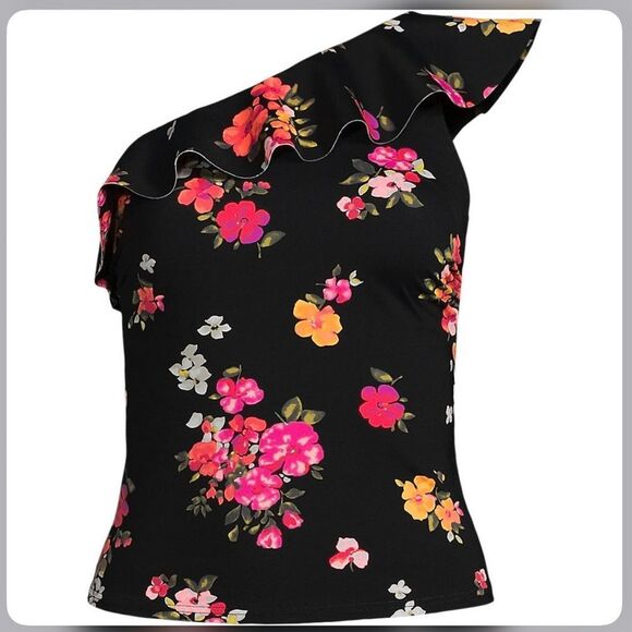Land's End Plus 1 shoulder ruffle tankini optional strap black meadow floral 18W - Picture 1 of 3